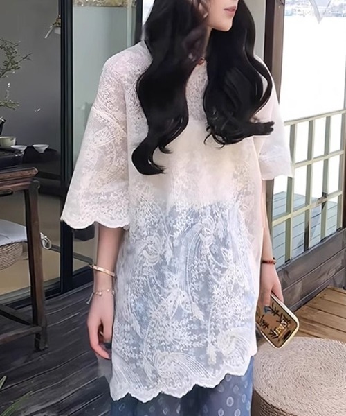 gossip!ロサンゼルス(ゴシップロサンゼルス)の「ゆるシルエット ラウンドネックフェミニンレーストップス(Tシャツ/カットソー・レディース・オフホワイト・M)」の10枚目の写真