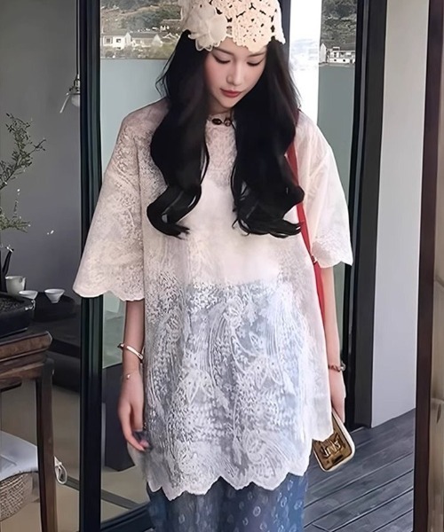 gossip!ロサンゼルス(ゴシップロサンゼルス)の「ゆるシルエット ラウンドネックフェミニンレーストップス(Tシャツ/カットソー・レディース・オフホワイト・M)」の12枚目の写真