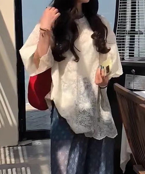 gossip!ロサンゼルス(ゴシップロサンゼルス)の「ゆるシルエット ラウンドネックフェミニンレーストップス(Tシャツ/カットソー・レディース・オフホワイト・M)」の16枚目の写真
