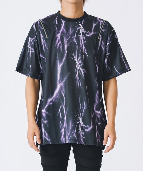 REGIEVO（レジエボ）の「サンダープリントZIP付きビッグシルエットTシャツ（Tシャツ/カットソー・メンズ・パープル/ブラック・MEDIUM/LARGE）」の3枚目の写真