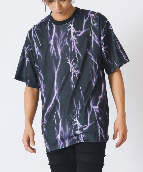 REGIEVO（レジエボ）の「サンダープリントZIP付きビッグシルエットTシャツ（Tシャツ/カットソー・メンズ・パープル/ブラック・MEDIUM/LARGE）」の4枚目の写真
