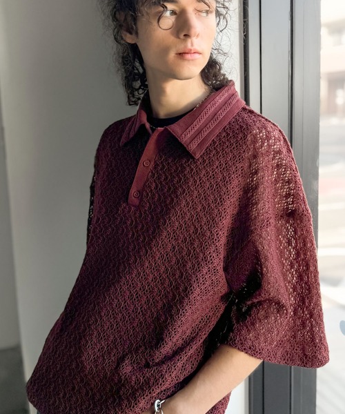 Classical Origin（クラシカルオリジン）の「「透け感、モードの余韻。」衿ダブルライン使いレース柄ニットポロシャツ/Lace Detail Knit Polo Shirt（ポロシャツ・メンズ・アイボリー/ブラック/ワイン/ブルー・LARGE/MEDIUM/SMALL）」の4枚目の写真