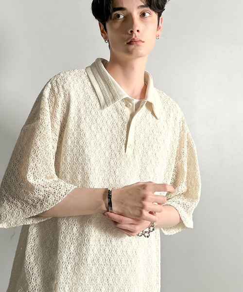 セール】「透け感、モードの余韻。」衿ダブルライン使いレース柄ニット