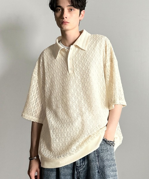 Classical Origin（クラシカルオリジン）の「「透け感、モードの余韻。」衿ダブルライン使いレース柄ニットポロシャツ/Lace Detail Knit Polo Shirt（ポロシャツ・メンズ・アイボリー/ブラック/ワイン/ブルー・LARGE/MEDIUM/SMALL）」の14枚目の写真
