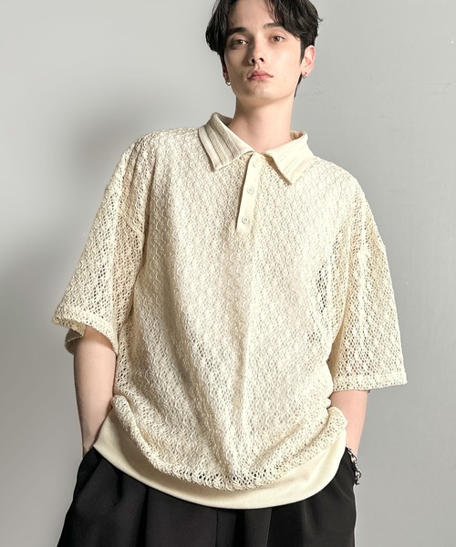 Classical Origin（クラシカルオリジン）の「「透け感、モードの余韻。」衿ダブルライン使いレース柄ニットポロシャツ/Lace Detail Knit Polo Shirt（ポロシャツ・メンズ・アイボリー/ブラック/ワイン/ブルー・LARGE/MEDIUM/SMALL）」の12枚目の写真