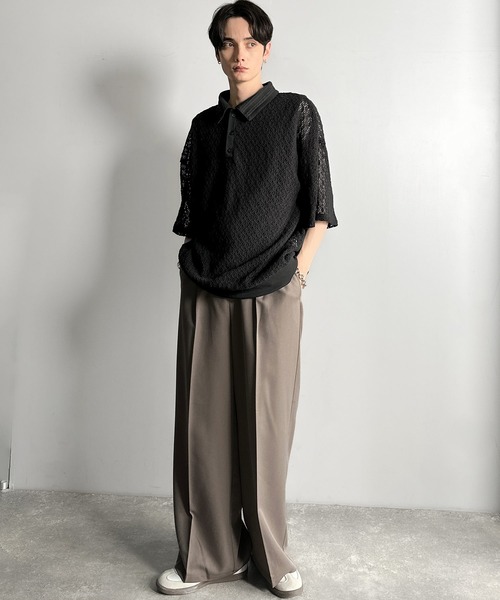 Classical Origin（クラシカルオリジン）の「「透け感、モードの余韻。」衿ダブルライン使いレース柄ニットポロシャツ/Lace Detail Knit Polo Shirt（ポロシャツ・メンズ・アイボリー/ブラック/ワイン/ブルー・LARGE/MEDIUM/SMALL）」の9枚目の写真