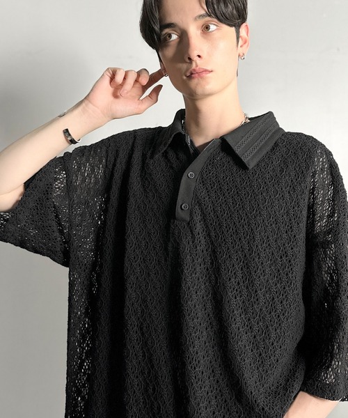 Classical Origin（クラシカルオリジン）の「「透け感、モードの余韻。」衿ダブルライン使いレース柄ニットポロシャツ/Lace Detail Knit Polo Shirt（ポロシャツ・メンズ・アイボリー/ブラック/ワイン/ブルー・LARGE/MEDIUM/SMALL）」の16枚目の写真