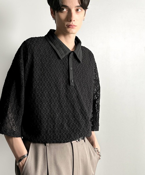 Classical Origin（クラシカルオリジン）の「「透け感、モードの余韻。」衿ダブルライン使いレース柄ニットポロシャツ/Lace Detail Knit Polo Shirt（ポロシャツ・メンズ・アイボリー/ブラック/ワイン/ブルー・LARGE/MEDIUM/SMALL）」の8枚目の写真