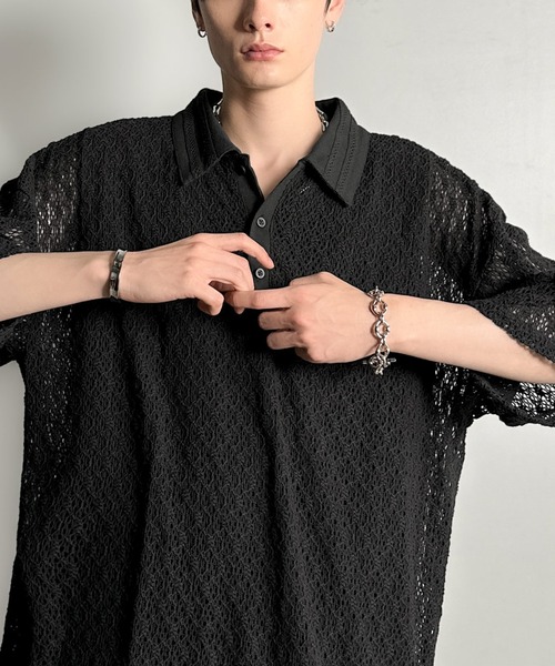 Classical Origin（クラシカルオリジン）の「「透け感、モードの余韻。」衿ダブルライン使いレース柄ニットポロシャツ/Lace Detail Knit Polo Shirt（ポロシャツ・メンズ・アイボリー/ブラック/ワイン/ブルー・LARGE/MEDIUM/SMALL）」の11枚目の写真