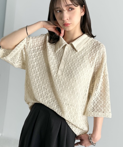 Classical Origin（クラシカルオリジン）の「「透け感、モードの余韻。」衿ダブルライン使いレース柄ニットポロシャツ/Lace Detail Knit Polo Shirt（ポロシャツ・メンズ・アイボリー/ブラック/ワイン/ブルー・LARGE/MEDIUM/SMALL）」の18枚目の写真