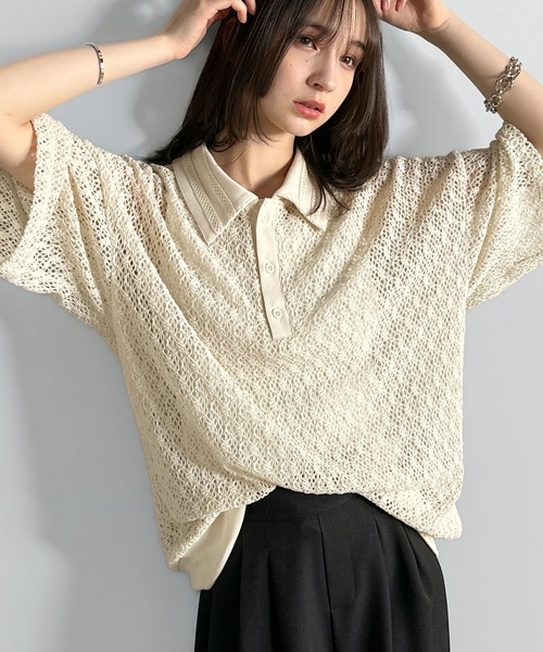 Classical Origin（クラシカルオリジン）の「「透け感、モードの余韻。」衿ダブルライン使いレース柄ニットポロシャツ/Lace Detail Knit Polo Shirt（ポロシャツ・メンズ・アイボリー/ブラック/ワイン/ブルー・LARGE/MEDIUM/SMALL）」の19枚目の写真