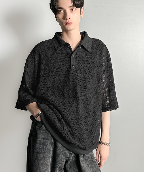 Classical Origin（クラシカルオリジン）の「「透け感、モードの余韻。」衿ダブルライン使いレース柄ニットポロシャツ/Lace Detail Knit Polo Shirt（ポロシャツ・メンズ・アイボリー/ブラック/ワイン/ブルー・LARGE/MEDIUM/SMALL）」の20枚目の写真
