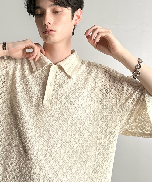 Classical Origin（クラシカルオリジン）の「「透け感、モードの余韻。」衿ダブルライン使いレース柄ニットポロシャツ/Lace Detail Knit Polo Shirt（ポロシャツ・メンズ・アイボリー/ブラック/ワイン/ブルー・LARGE/MEDIUM/SMALL）」の22枚目の写真