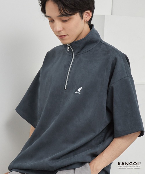 KANGOL（カンゴール）の「KANGOL/カンゴール 別注 ロゴ ワンポイント刺繍ブラッシュドハーフジップ半袖Tシャツ（Tシャツ/カットソー・メンズ・ダークグレー/ブラック/ライトグレー/オフホワイト/ネイビー・M/L/S）」の5枚目の写真