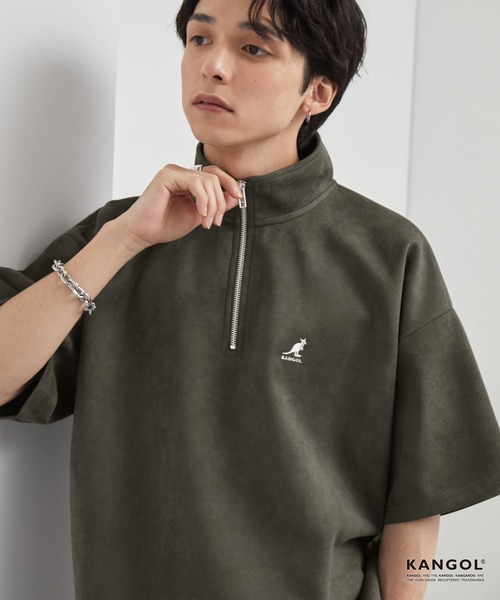 KANGOL（カンゴール）の「KANGOL/カンゴール 別注 ロゴ ワンポイント刺繍ブラッシュドハーフジップ半袖Tシャツ（Tシャツ/カットソー・メンズ・ダークグレー/ブラック/ライトグレー/オフホワイト/ネイビー・M/L/S）」の4枚目の写真