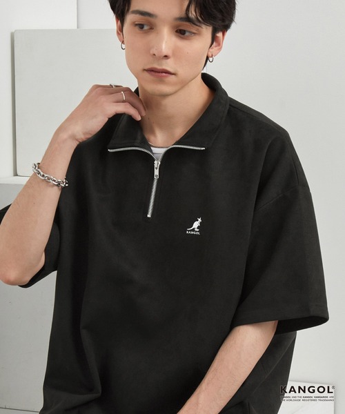 KANGOL（カンゴール）の「KANGOL/カンゴール 別注 ロゴ ワンポイント刺繍ブラッシュドハーフジップ半袖Tシャツ（Tシャツ/カットソー・メンズ・ダークグレー/ブラック/ライトグレー/オフホワイト/ネイビー・M/L/S）」の3枚目の写真