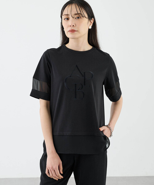 新品タグ付★ obli ビジューカットソー オブリ OBLI Tシャツ セール】2025春夏【接触冷感・UVカット】シアー切替えロゴT