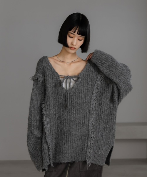 LOWRYS FARM（ローリーズファーム）の「２ＷＡＹフリンジメランジＬＳ　116690（ニット/セーター・レディース・グレー/ピンク/ブルー/アイボリー/チャコールグレー/オレンジ/カーキ/ブラウン・FREE）」の18枚目の写真