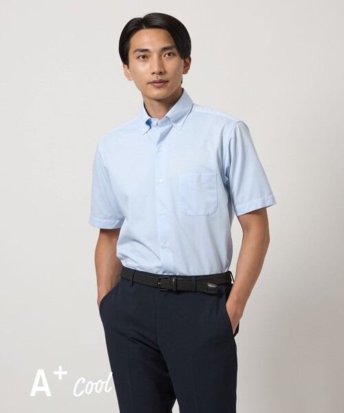green label relaxing（グリーンレーベルリラクシング）の「A+ COOL ドビー カット スタンダード ボタンダウン 半袖 ドレスシャツ -接触冷感-（ビジネスシャツ・メンズ・ライトブルー/ホワイト・L/M/XL/S）」の2枚目の写真