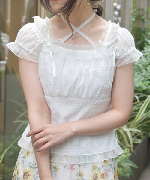 axes femme（アクシーズファム）の「ローズ付ふくれジャカードトップス（Tシャツ/カットソー・レディース・イエロー/ブラック/ホワイト・FREE）」の2枚目の写真