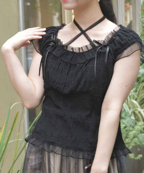 axes femme（アクシーズファム）の「ローズ付ふくれジャカードトップス（Tシャツ/カットソー・レディース・イエロー/ブラック/ホワイト・FREE）」の3枚目の写真