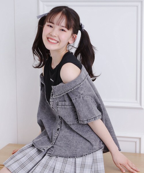 セール】肩あきデニムドッキングシャツ（シャツ/ブラウス）｜PINK