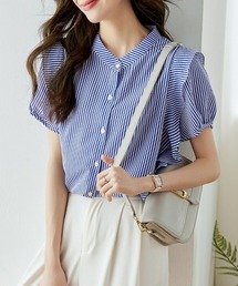 ブラウス シャツ ハイネックタックフリルストライプ半袖前ボタンシャツ レディース フロントボタン」に該当するレディースのシャツ/ブラウス