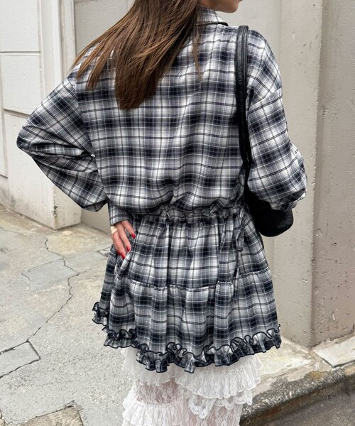 CIAOPANIC（チャオパニック）の「ボウタイ付き裾ティアードチェックシャツワンピース（シャツ/ブラウス・レディース・ブラック/ブラウン/ピンク/グレー・ONE SIZE）」の15枚目の写真