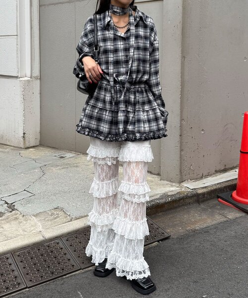 CIAOPANIC（チャオパニック）の「ボウタイ付き裾ティアードチェックシャツワンピース（シャツ/ブラウス・レディース・ブラック/ブラウン/ピンク/グレー・ONE SIZE）」の14枚目の写真