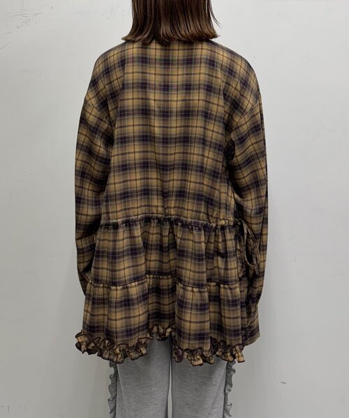 CIAOPANIC（チャオパニック）の「ボウタイ付き裾ティアードチェックシャツワンピース（シャツ/ブラウス・レディース・ブラック/ブラウン/ピンク/グレー・ONE SIZE）」の9枚目の写真