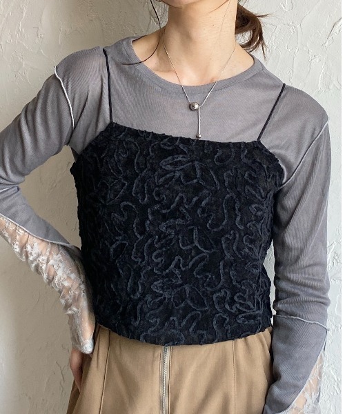 セール】ショート丈クロップドコード刺繍ベロアビスチェ