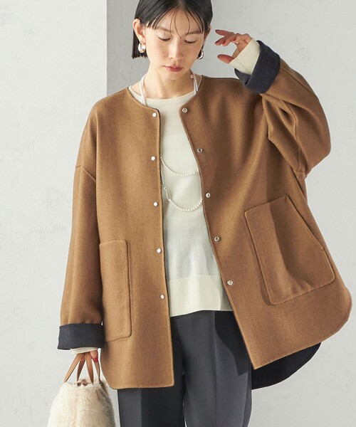 セミ 梳毛 配色 リバーシブル ノーカラー ショート コート（ノーカラー