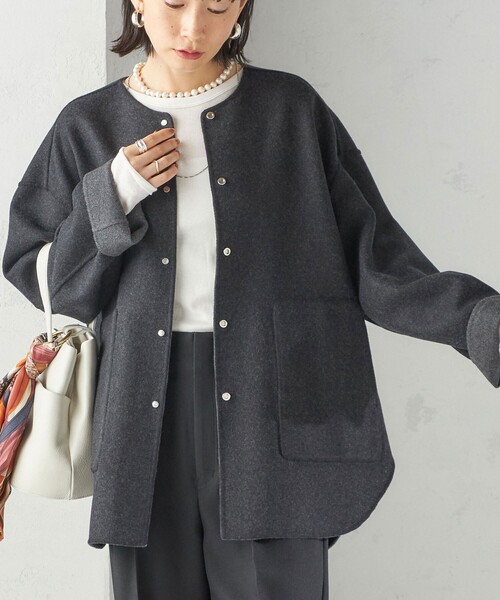 極美品⭐︎SHIPS シップス ノーカラー ショートコート セミ 梳毛 配色 リバーシブル ノーカラー ショート コート（ノー