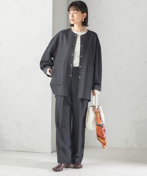 セミ 梳毛 配色 リバーシブル ノーカラー ショート コート（ノーカラー