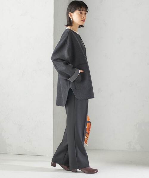 セミ 梳毛 配色 リバーシブル ノーカラー ショート コート（ノーカラー