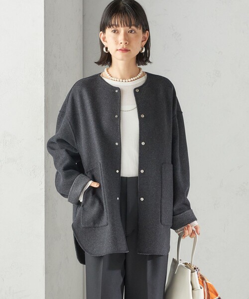 セミ 梳毛 配色 リバーシブル ノーカラー ショート コート（ノーカラー