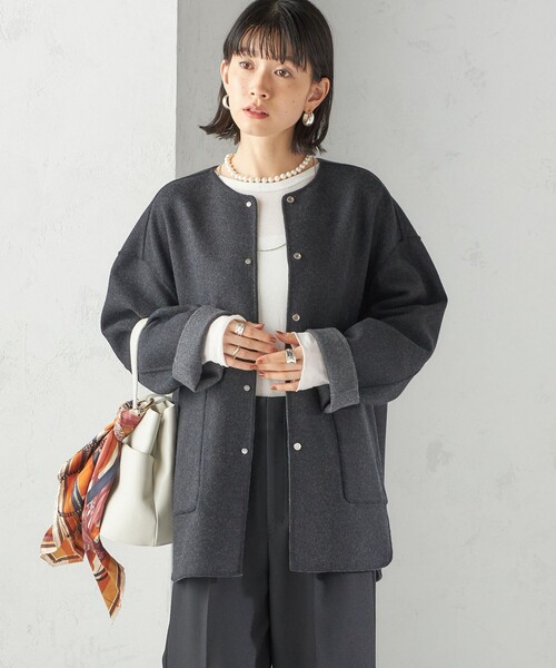 SHIPS 未使用　ノーカラーショートコート セミ 梳毛 配色 リバーシブル ノーカラー ショート コート（ノー