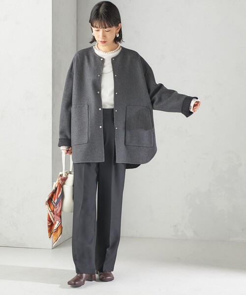 セミ 梳毛 配色 リバーシブル ノーカラー ショート コート（ノーカラー