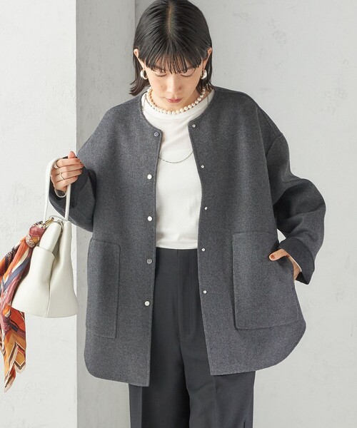 セミ 梳毛 配色 リバーシブル ノーカラー ショート コート（ノー