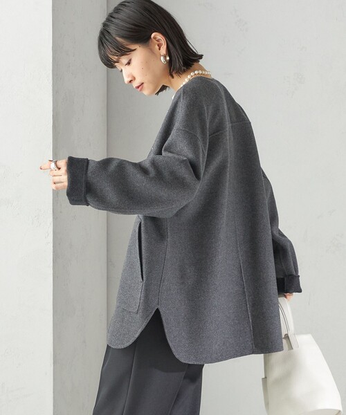 SHIPS 未使用　ノーカラーショートコート セミ 梳毛 配色 リバーシブル ノーカラー ショート コート（ノー