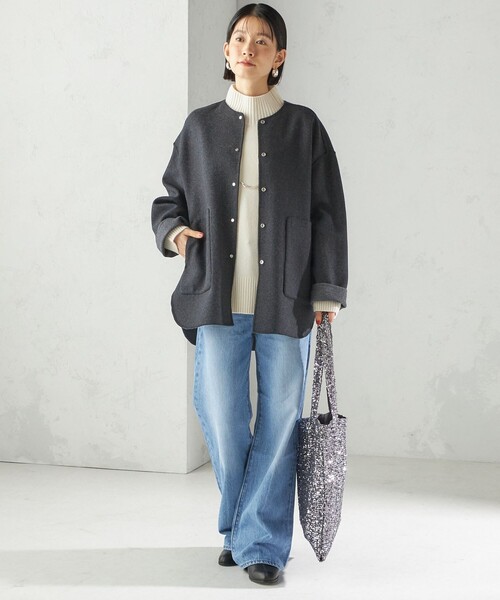 SHIPS 未使用　ノーカラーショートコート セミ 梳毛 配色 リバーシブル ノーカラー ショート コート（ノー