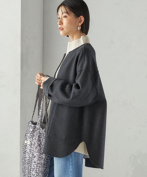セミ 梳毛 配色 リバーシブル ノーカラー ショート コート（ノーカラー
