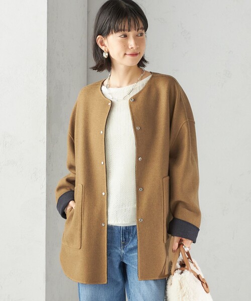 セミ 梳毛 配色 リバーシブル ノーカラー ショート コート（ノーカラー