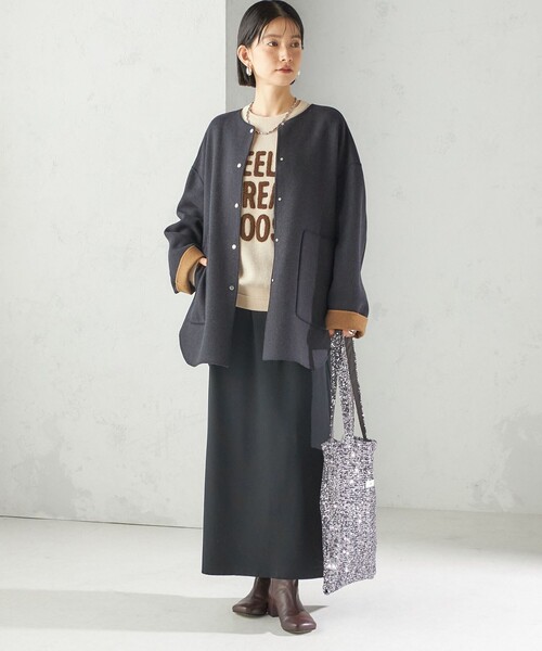 セミ 梳毛 配色 リバーシブル ノーカラー ショート コート（ノーカラー