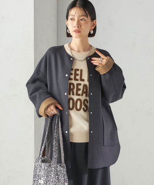 セミ 梳毛 配色 リバーシブル ノーカラー ショート コート（ノーカラー