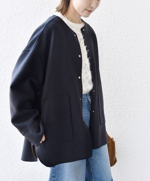 セミ 梳毛 配色 リバーシブル ノーカラー ショート コート（ノーカラー