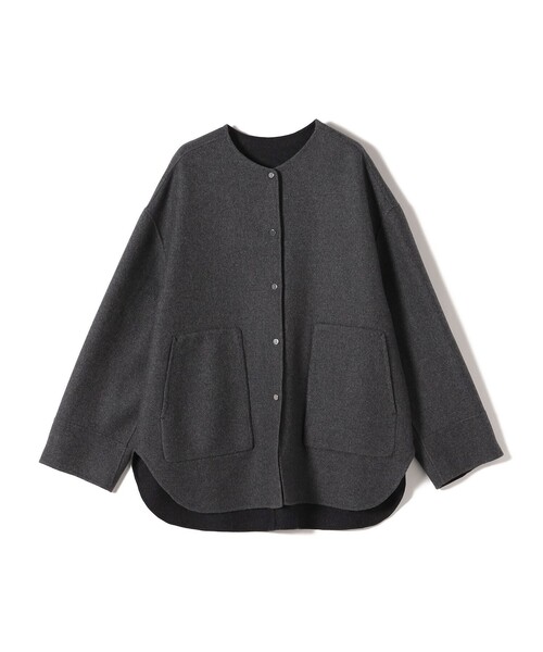 セミ 梳毛 配色 リバーシブル ノーカラー ショート コート（ノー