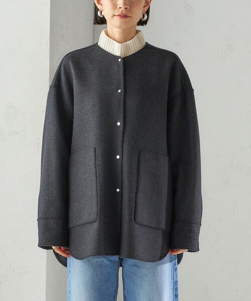 セミ 梳毛 配色 リバーシブル ノーカラー ショート コート（ノーカラー