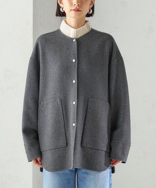 セミ 梳毛 配色 リバーシブル ノーカラー ショート コート（ノーカラー