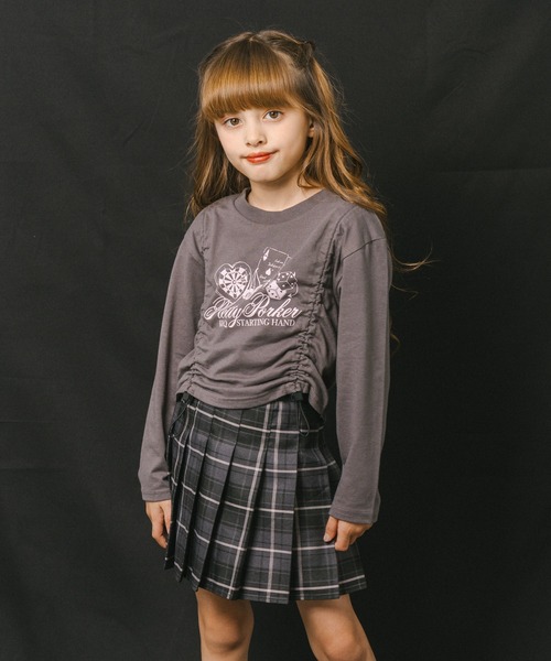 URBAN CHERRY（アーバンチェリー）の「【綿100%】丈が変わる2wayドローストコード付きポーカープリントロンＴ（Tシャツ/カットソー・キッズ・チャコール/ホワイト/ブラック/ブラウン・140cm/130cm/120cm/110cm/150cm）」の3枚目の写真